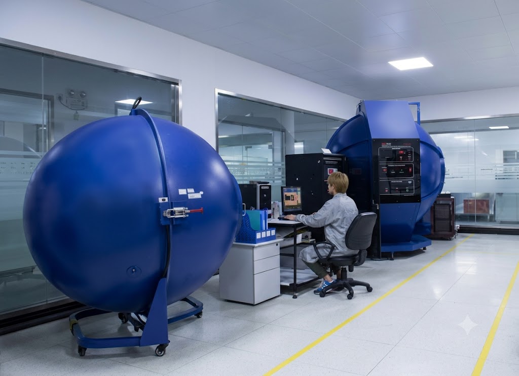 Ulbricht photometric spheres in the testing laboratory of a street LED luminaire manufacturing plant.